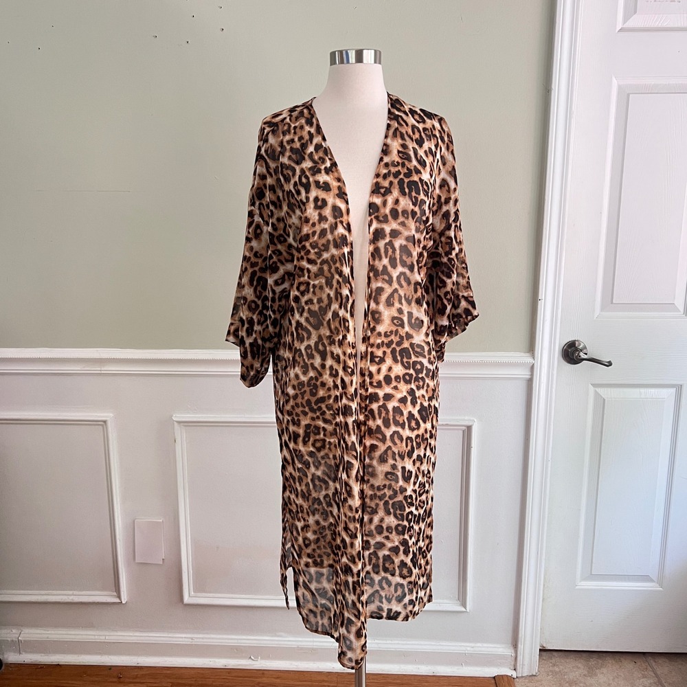Fantastic Fawn Leopard Print Kimono Womens S Sheer Open Front Duster Brown Tan